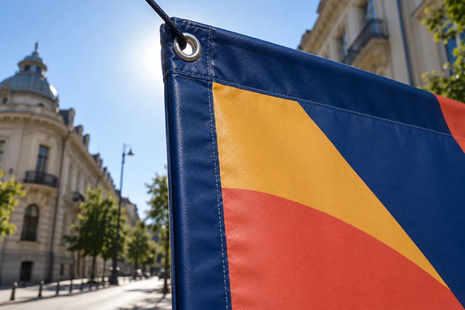 Marginea unui banner blockout gros, cu tiv și capsă metalică, atârnat în fața soarelui fără ca lumina să treacă prin el