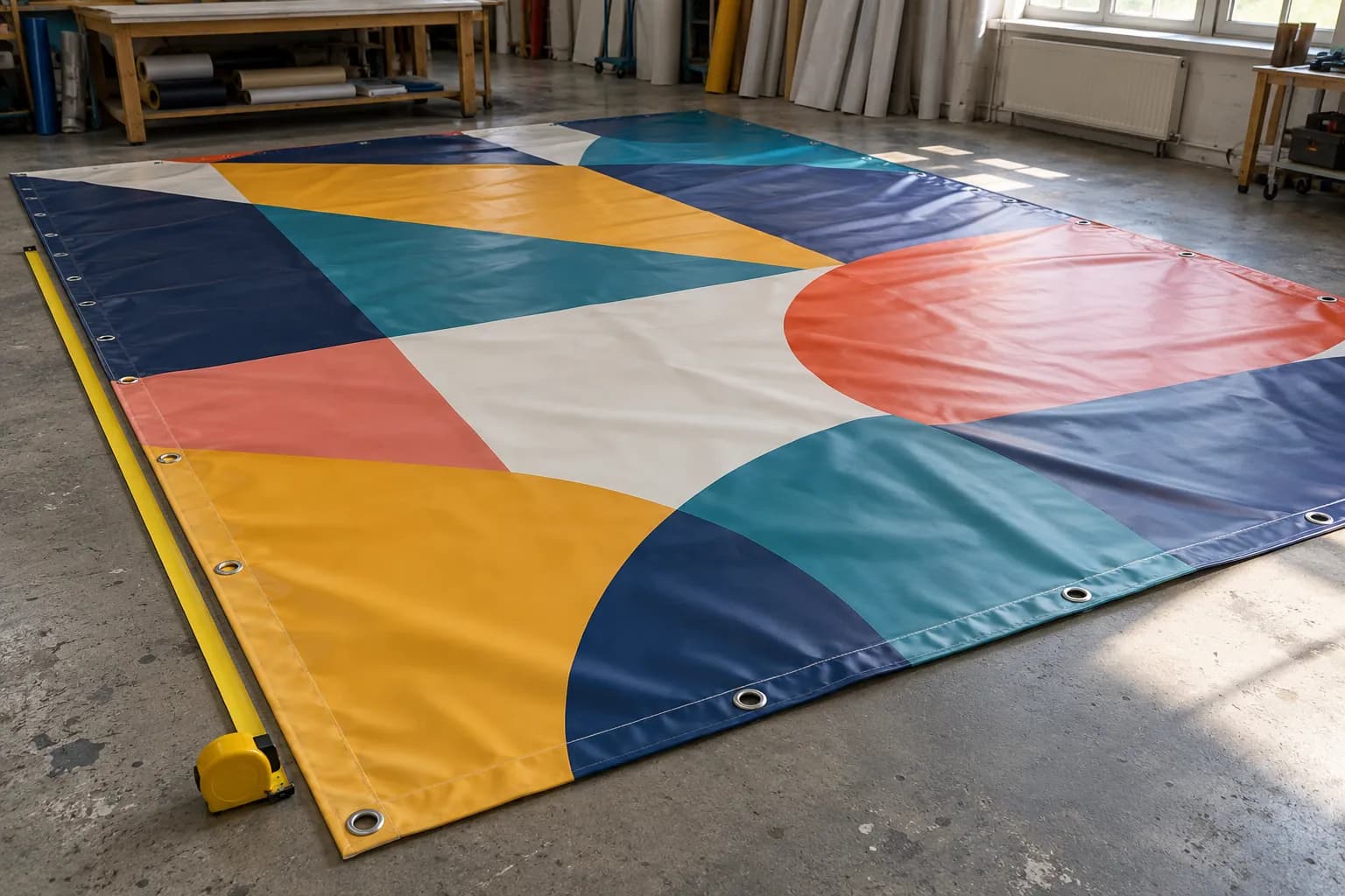 Banner PVC printat întins pe podeaua unui atelier, cu o ruletă desfăcută de-a lungul marginii cu capse