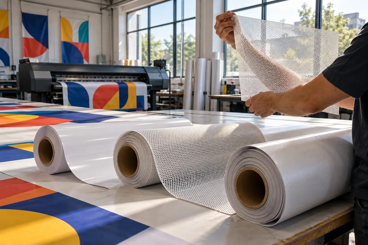 Role de material PVC pentru bannere și o mostră de mesh microperforat ridicată spre lumină, într-un atelier de print