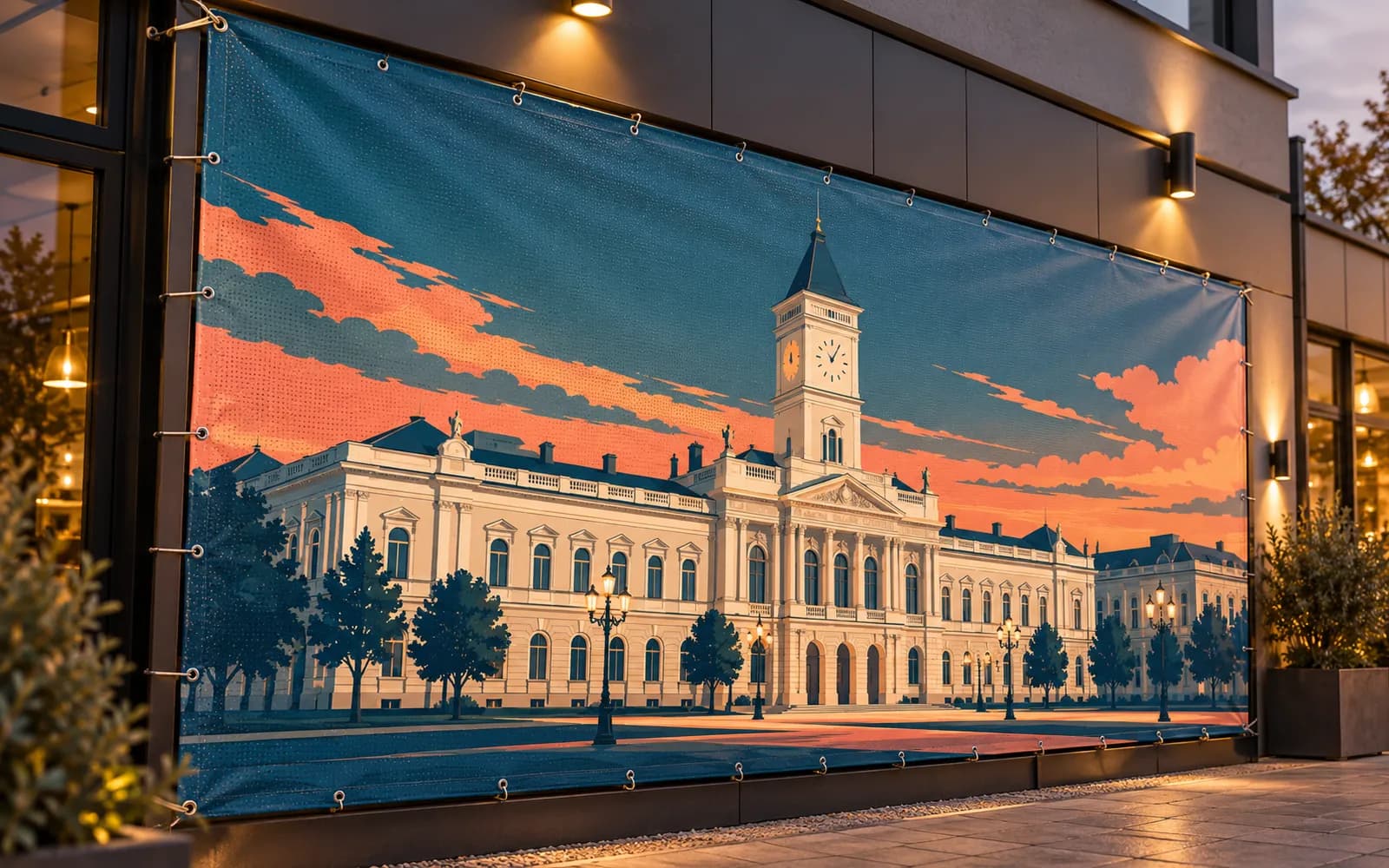 Banner exterior cu ilustrația reperului Palatul Administrativ, montat pe o fațadă de magazin.