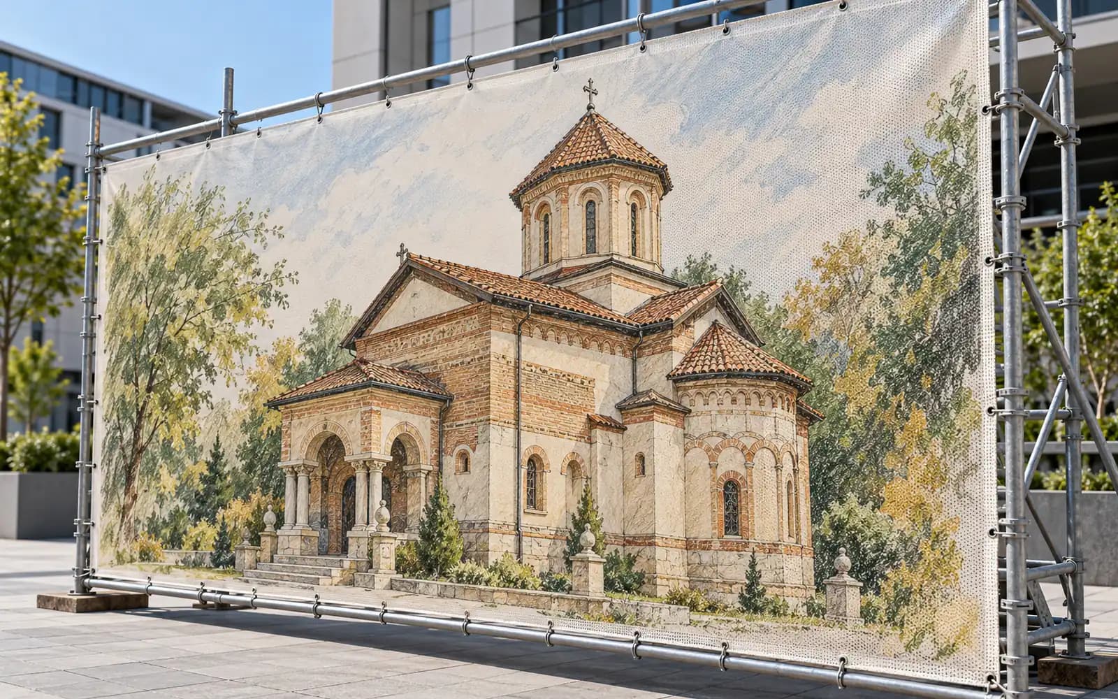 Banner exterior cu ilustrația reperului Biserica Domnească Sfântul Gheorghe, montat pe o schelă.