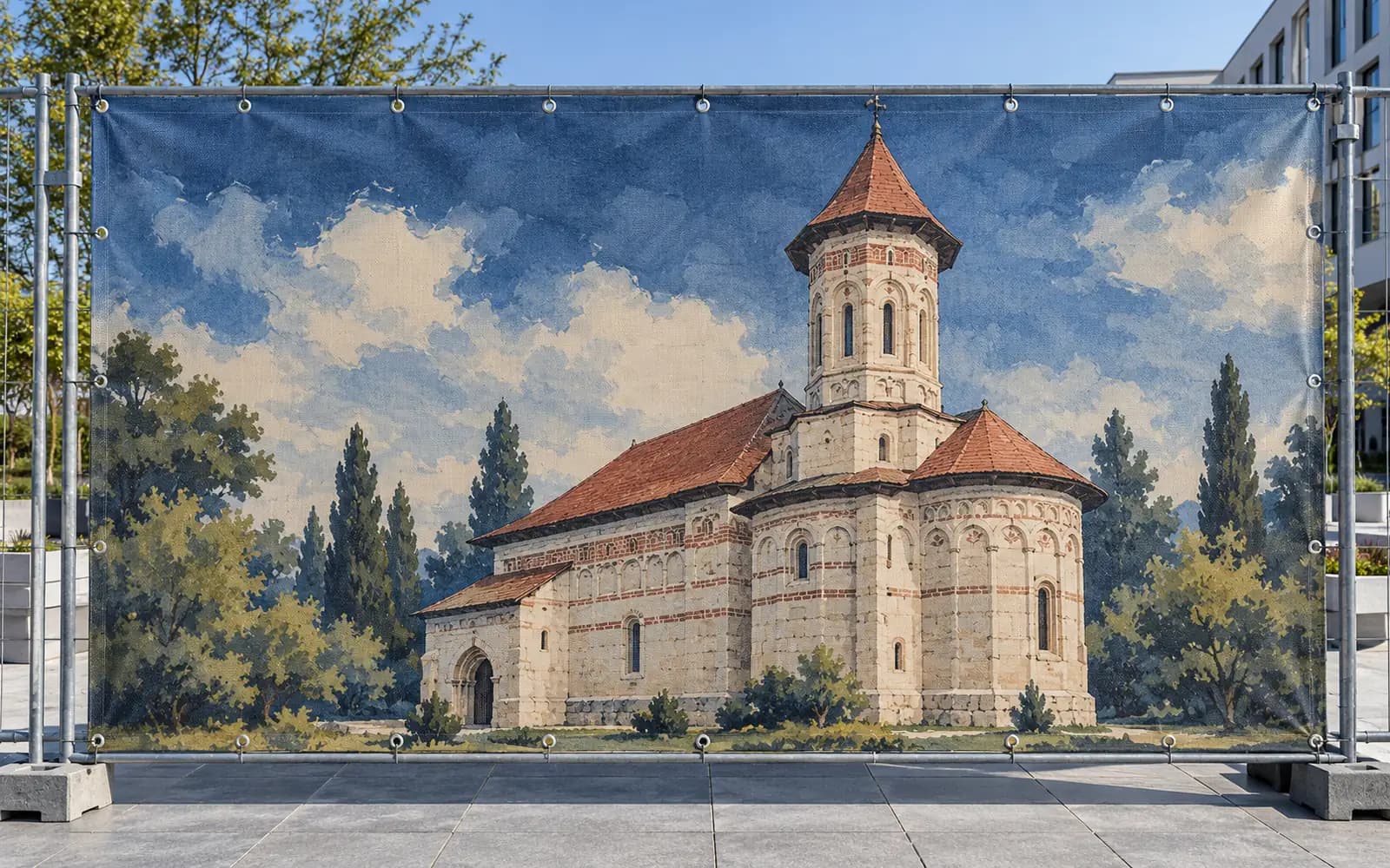 Banner exterior cu ilustrația reperului Biserica Precista, montat pe un gard.