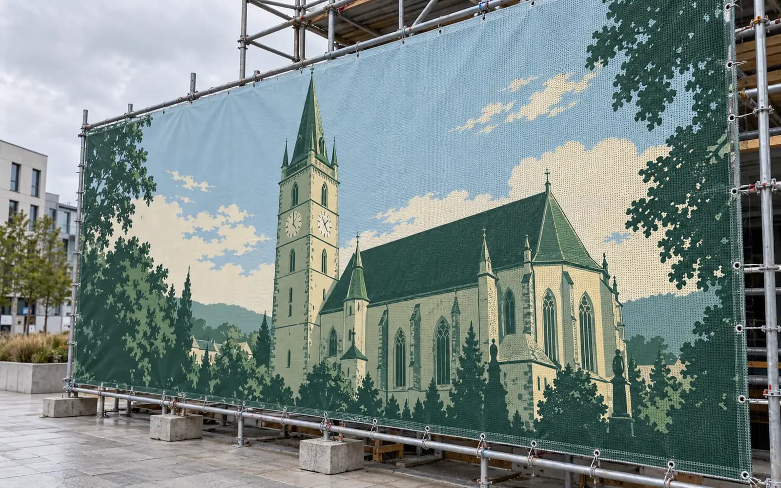 Banner exterior cu ilustrația reperului Biserica Evanghelică, montat pe o schelă.