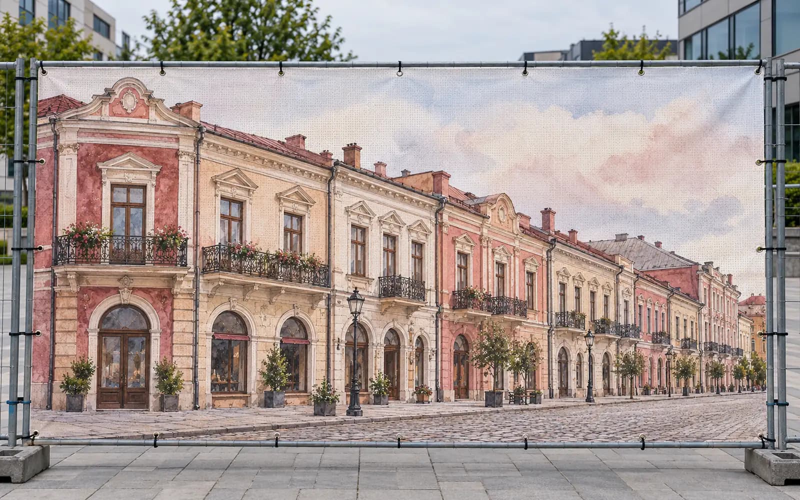 Banner exterior cu ilustrația reperului Centrul Vechi, montat pe un gard.