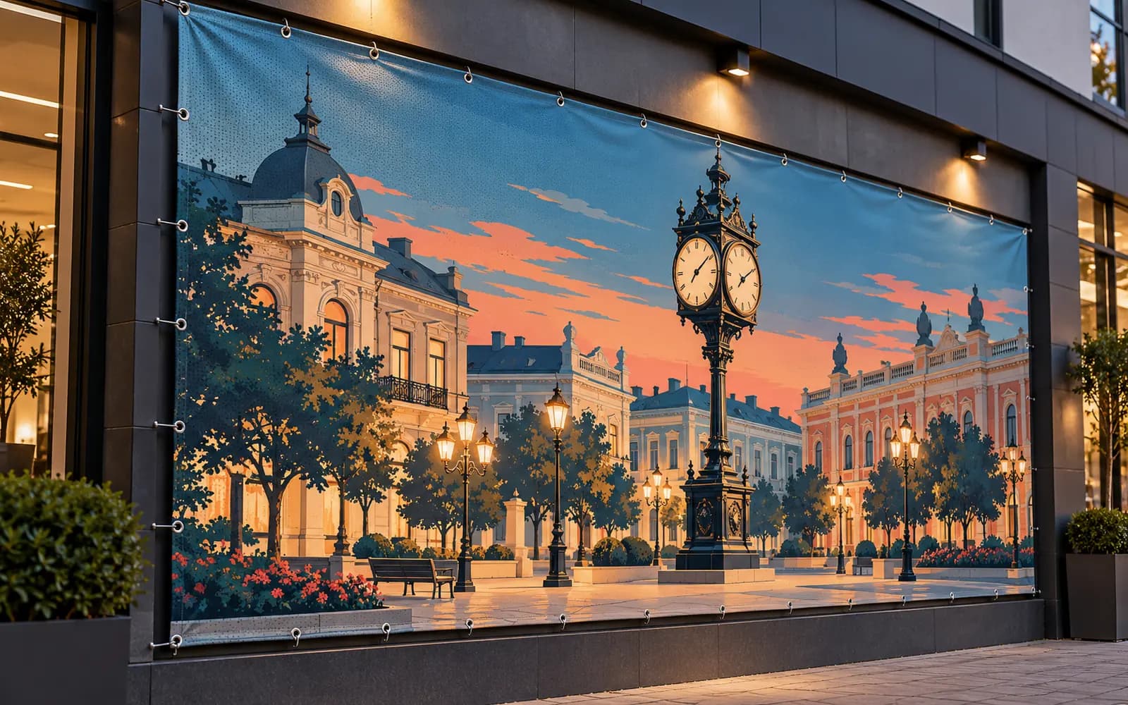 Banner exterior cu ilustrația reperului Ceasul din Piața Traian, montat pe o fațadă de magazin.