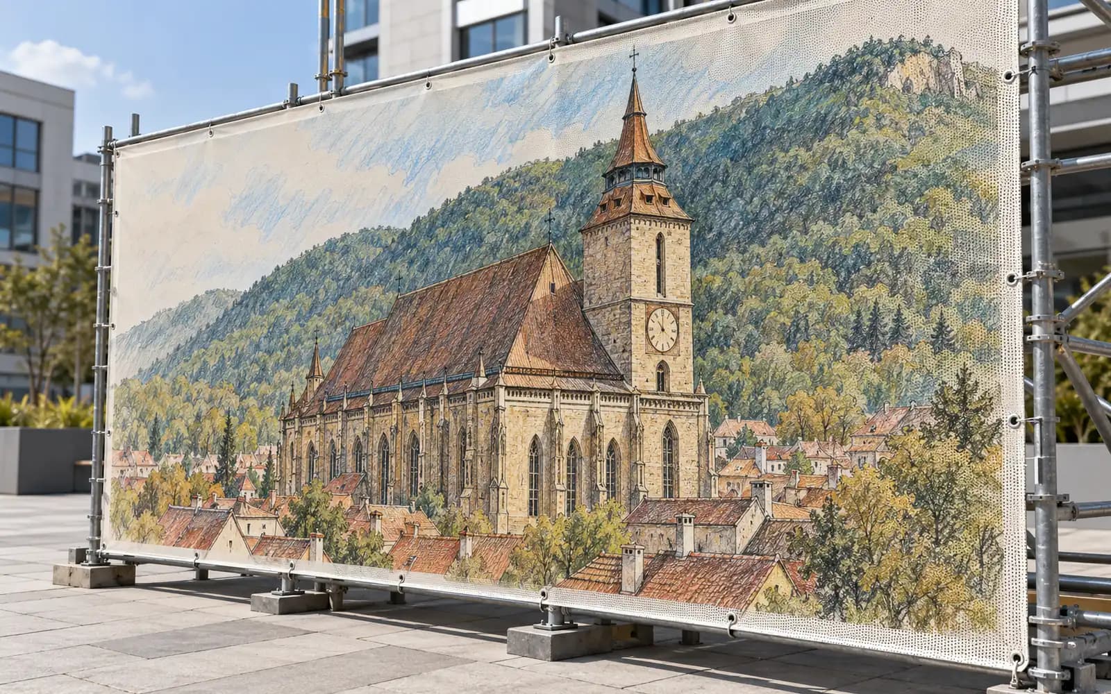 Banner exterior cu ilustrația reperului Biserica Neagră și Tâmpa, montat pe o schelă.