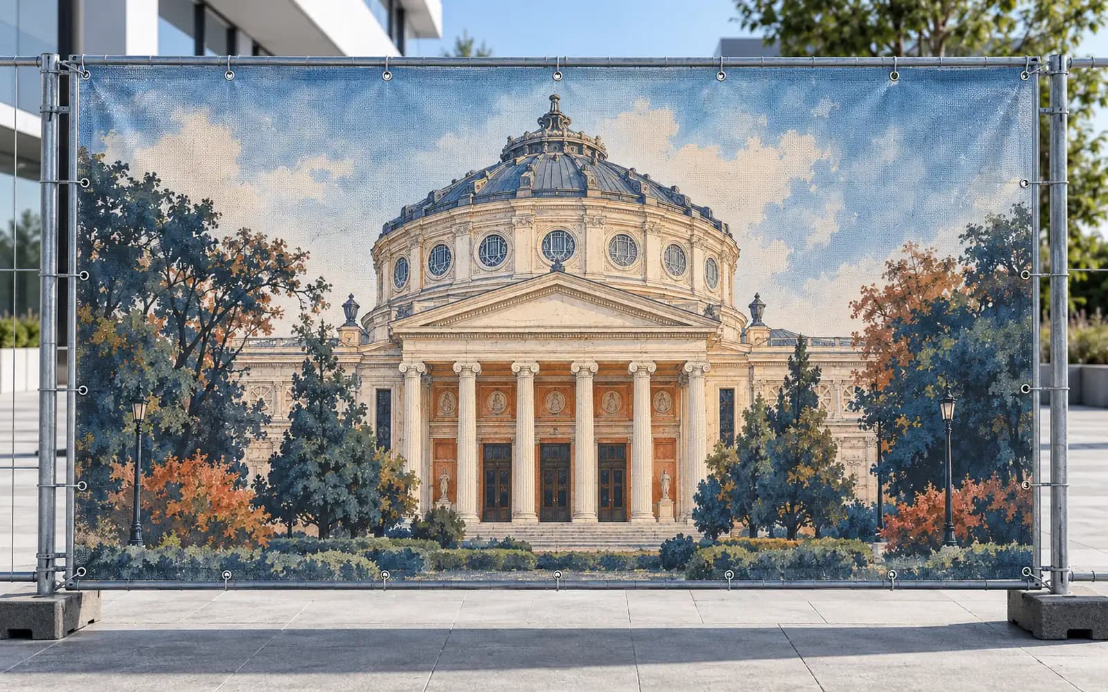 Banner exterior cu ilustrația reperului Ateneul Român, montat pe un gard.