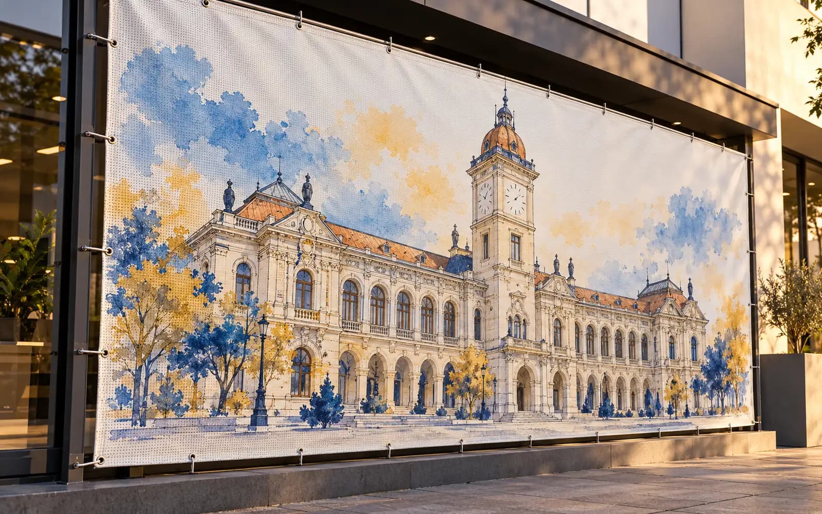 Banner exterior cu ilustrația reperului Palatul Comunal, montat pe o fațadă de magazin.