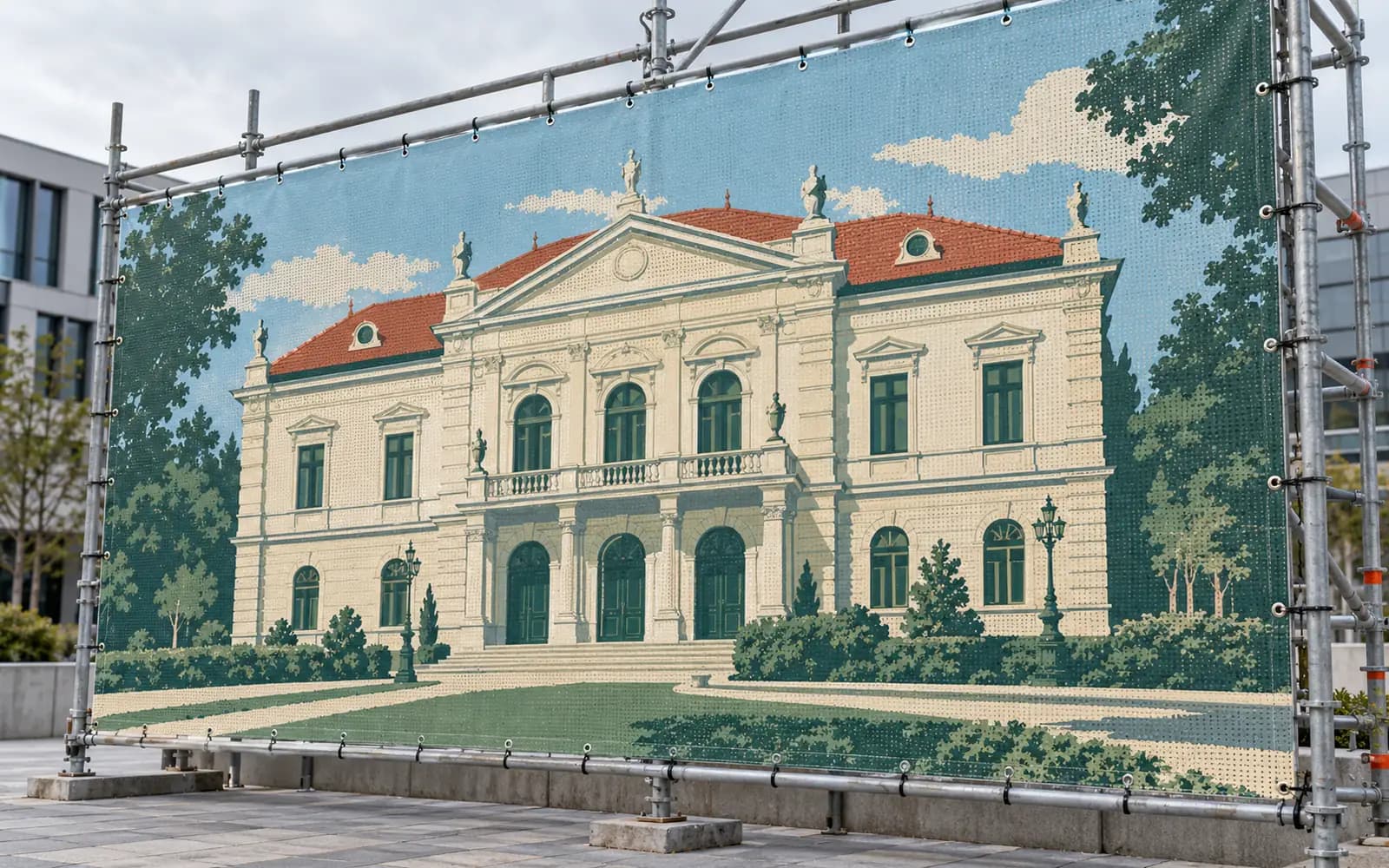 Banner exterior cu ilustrația reperului Muzeul Municipal, montat pe o schelă.