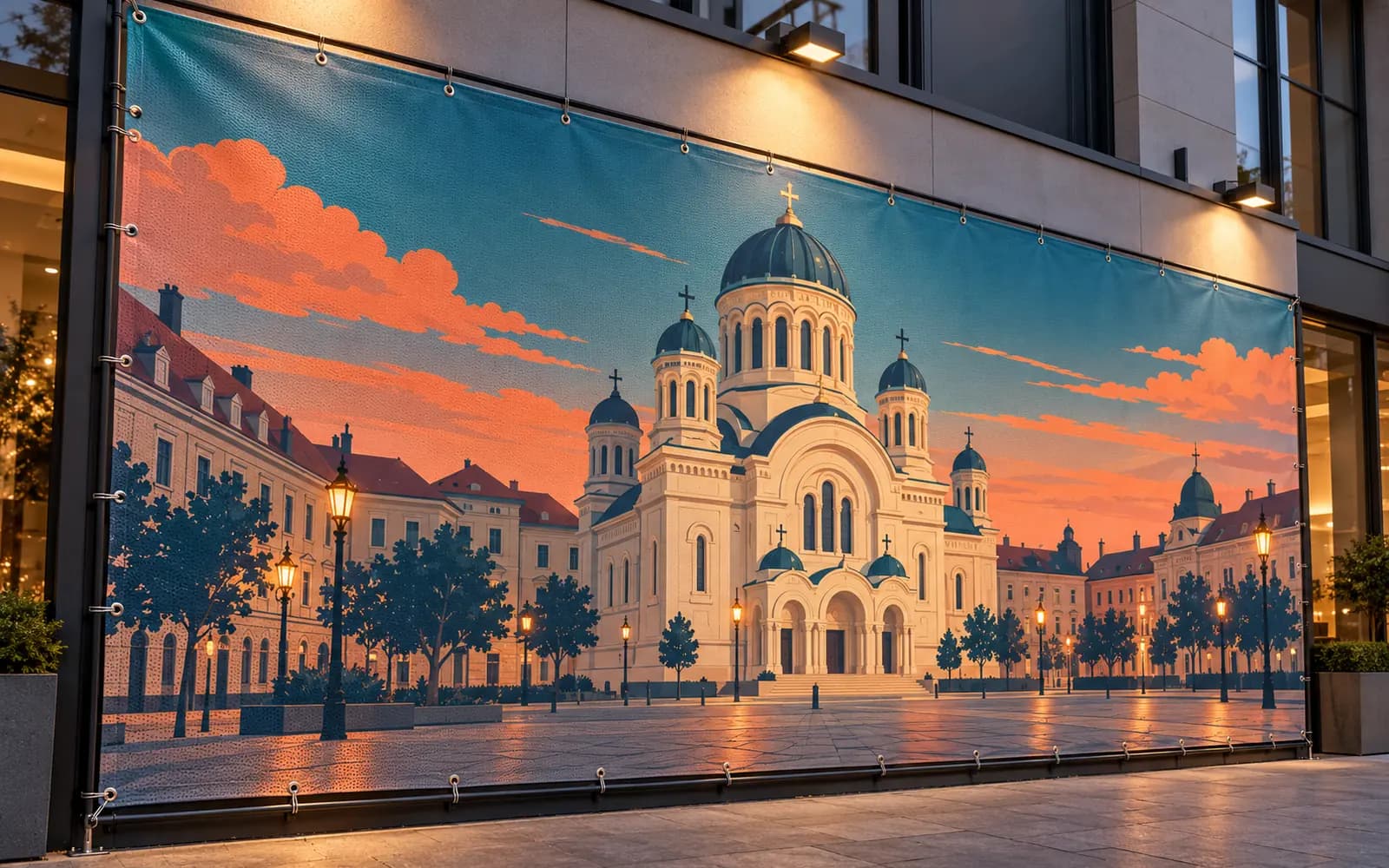 Banner exterior cu ilustrația reperului Catedrala Ortodoxă și centrul Clujului, montat pe o fațadă de magazin.