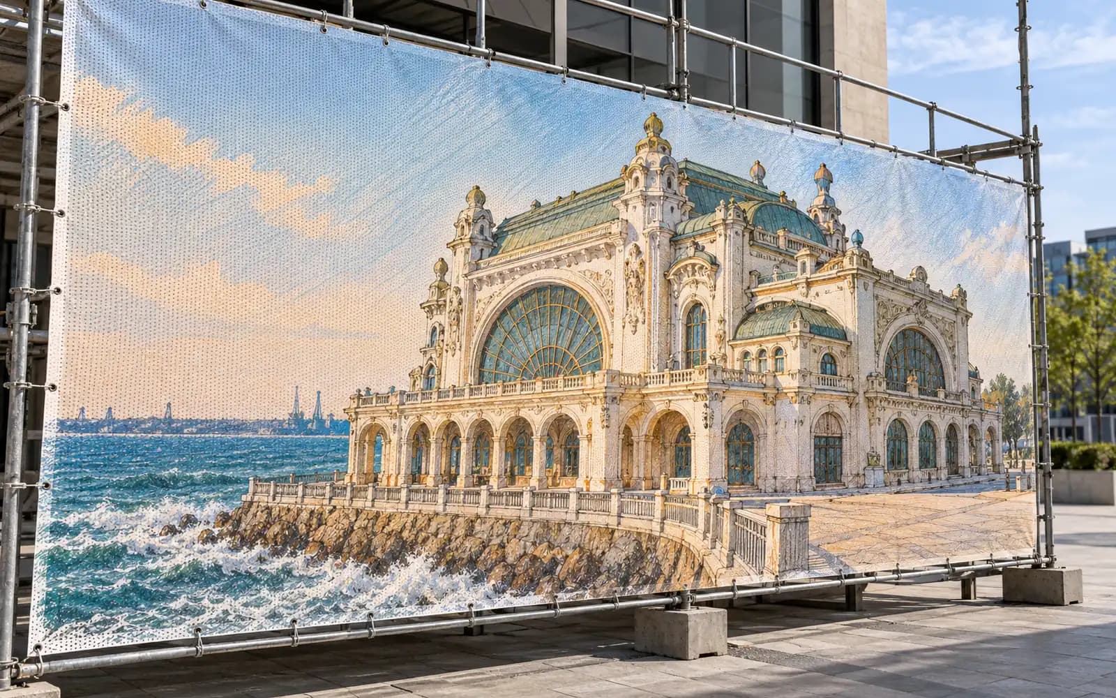Banner exterior cu ilustrația reperului Cazinoul, montat pe o schelă.