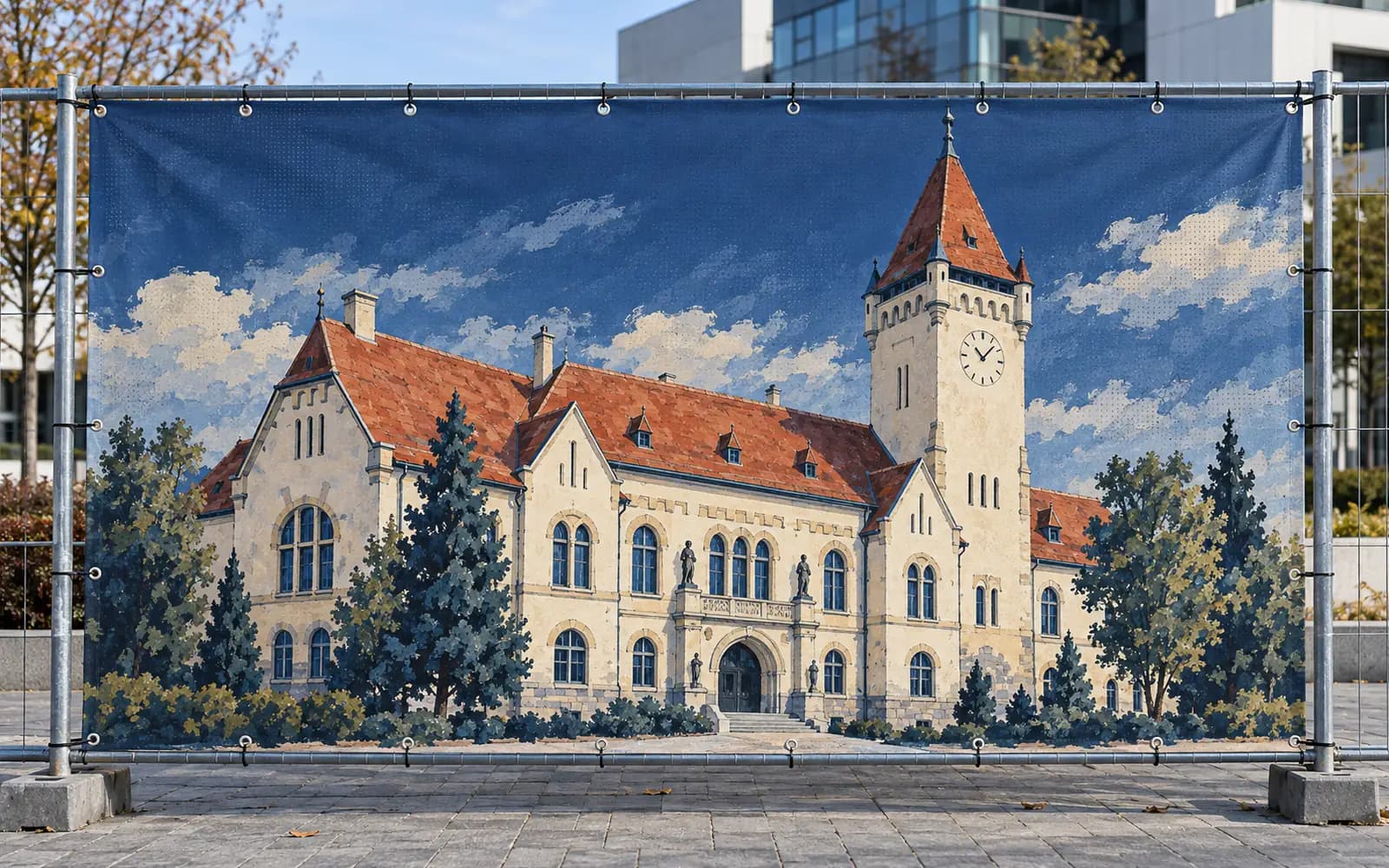 Banner exterior cu ilustrația reperului Muzeul Național Secuiesc, montat pe un gard.