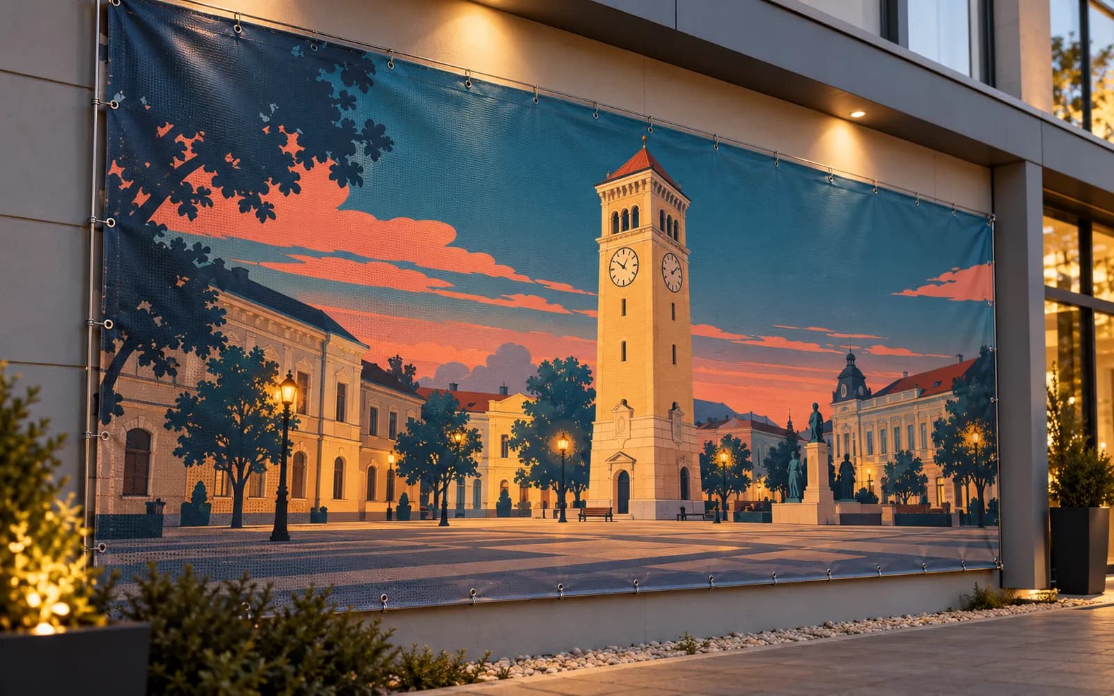 Banner exterior cu ilustrația reperului Turnul Ceasornicului, montat pe o fațadă de magazin.