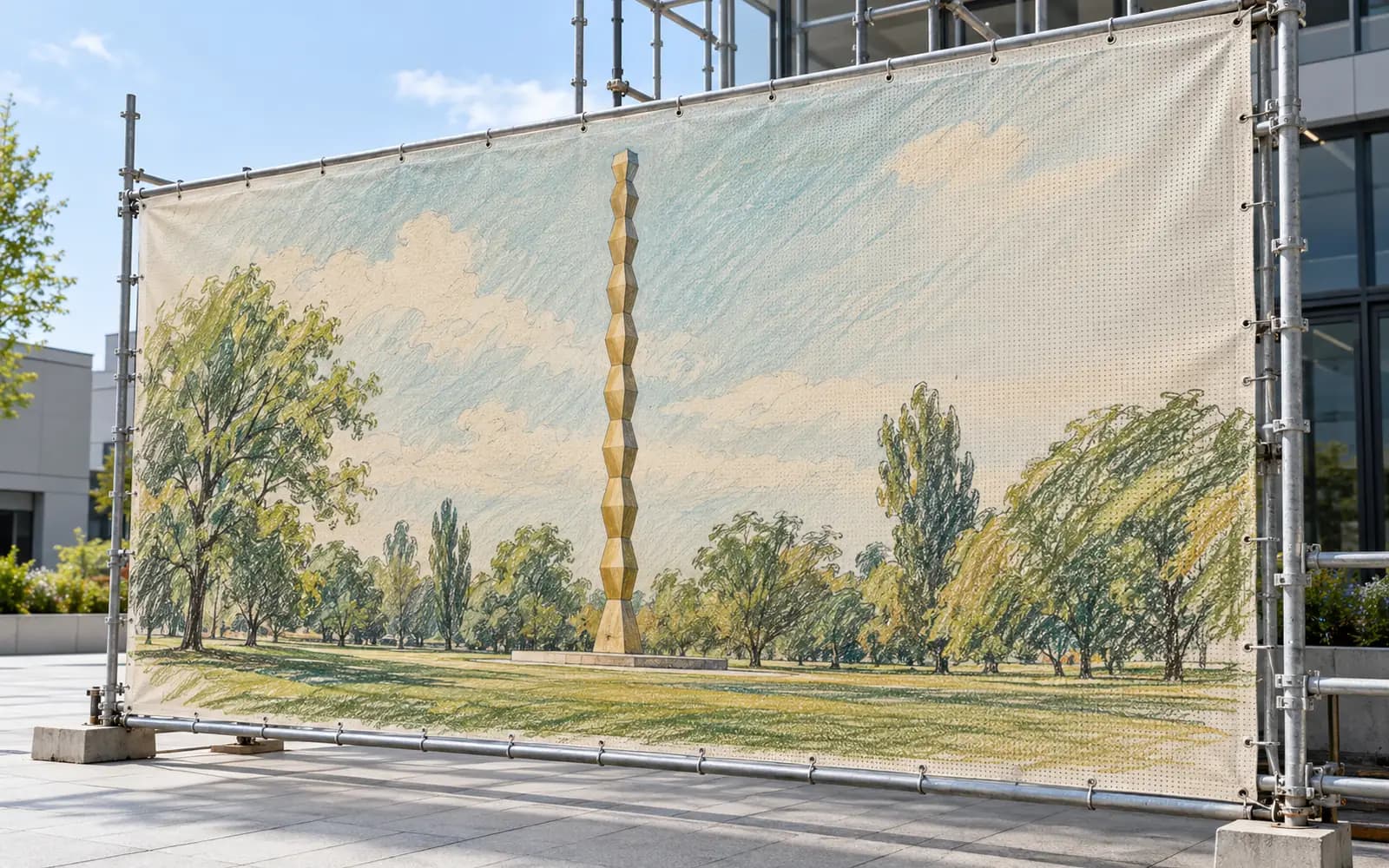 Banner exterior cu ilustrația reperului Coloana fără Sfârșit, montat pe o schelă.