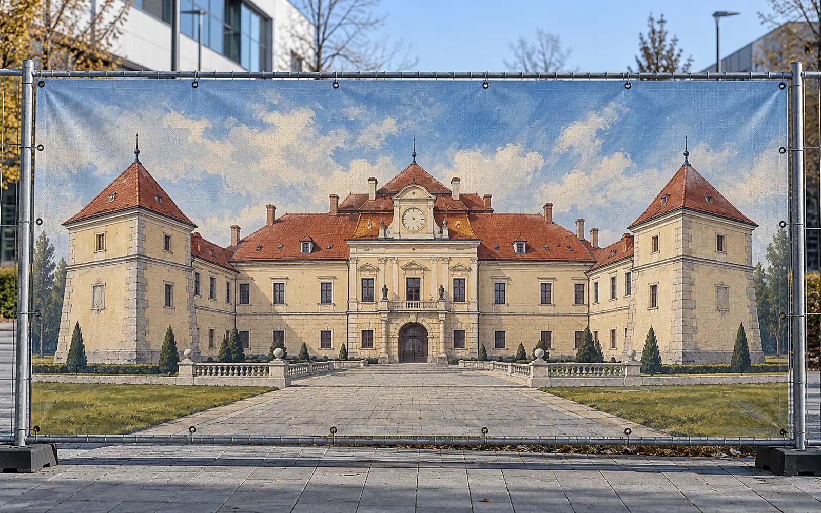 Banner exterior cu ilustrația reperului Castelul Mikó, montat pe un gard.