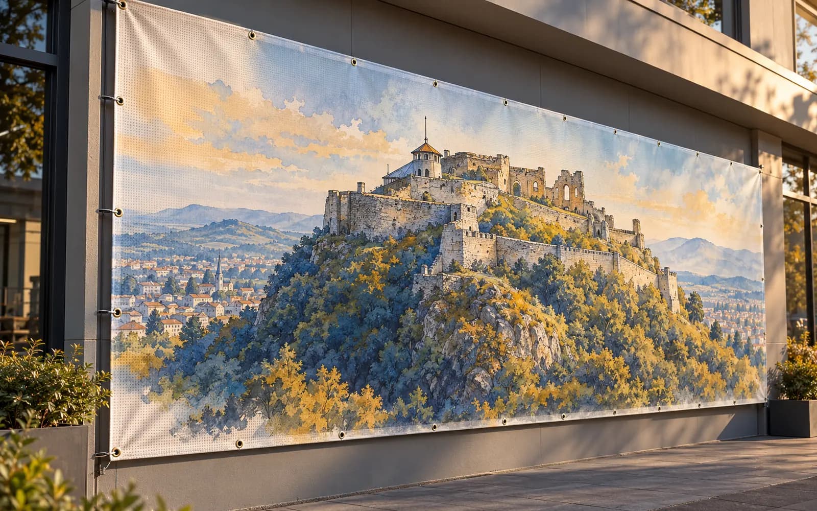 Banner exterior cu ilustrația reperului Cetatea Devei, montat pe o fațadă de magazin.