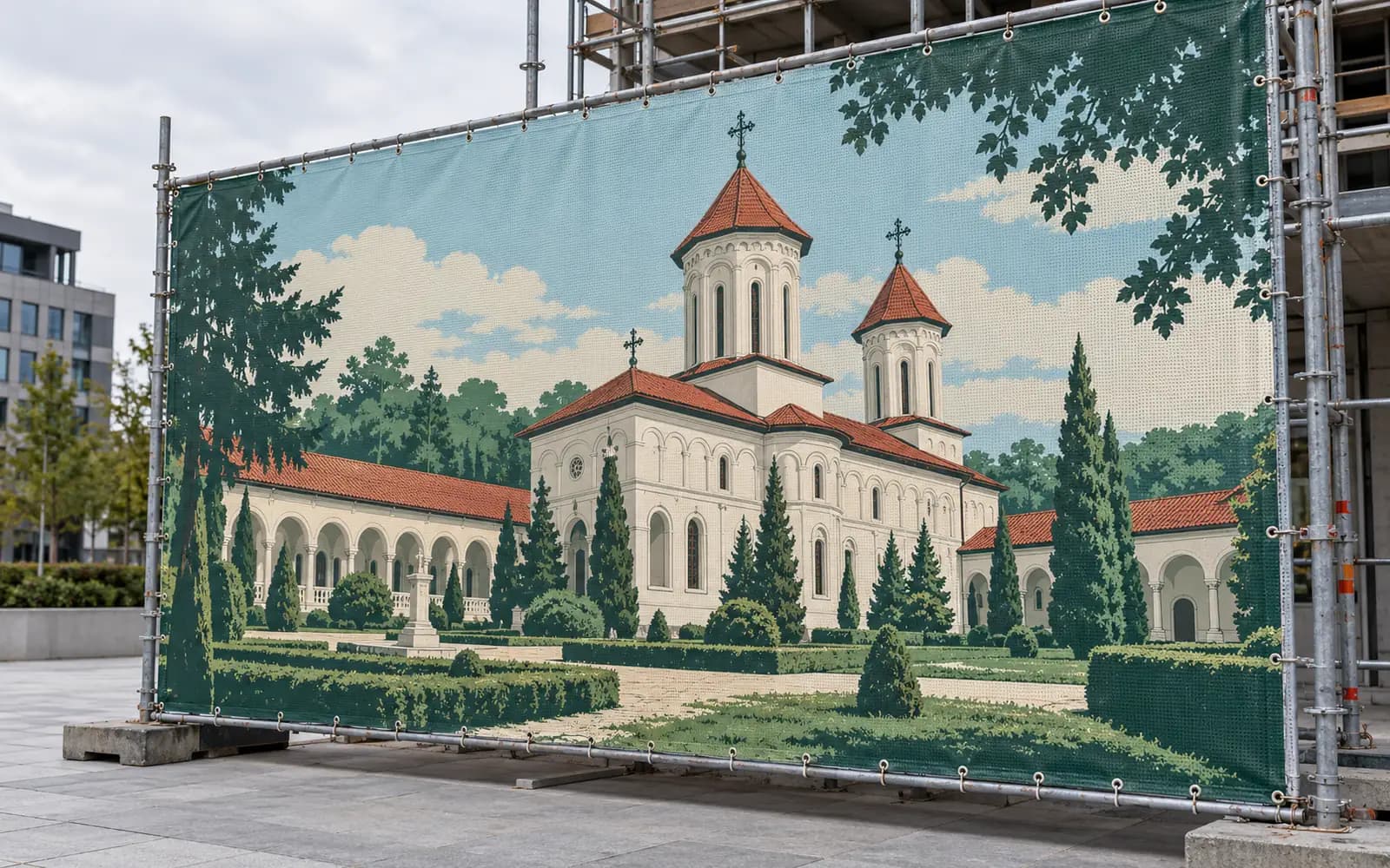 Banner exterior cu ilustrația reperului Mănăstirea Sfinții Voievozi, montat pe o schelă.