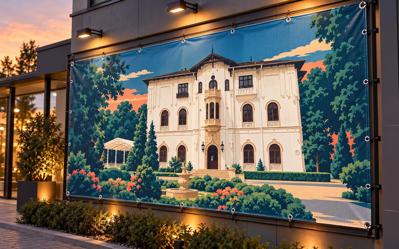Banner exterior cu ilustrația reperului Palatul Știrbey din Buftea, montat pe o fațadă de magazin.
