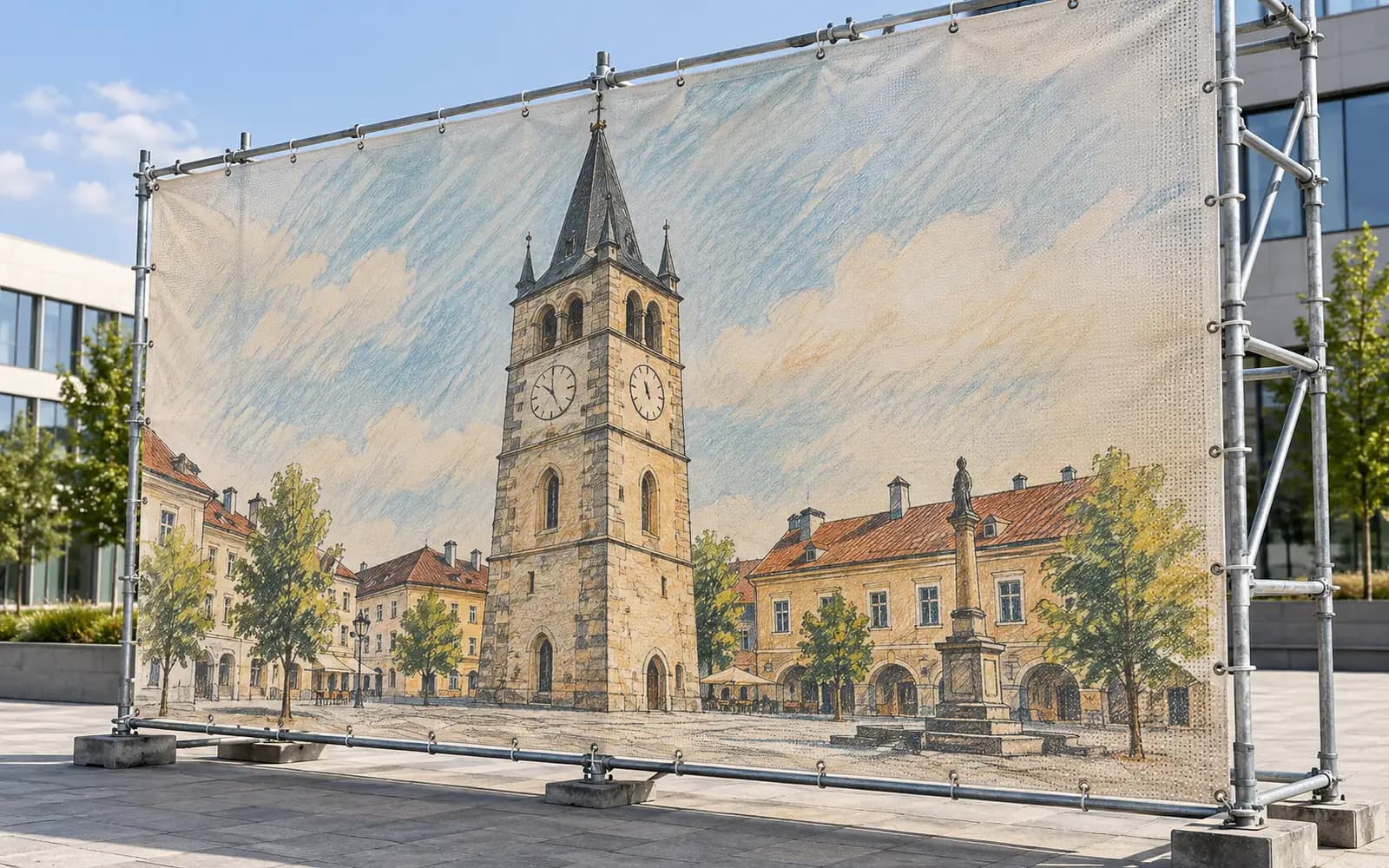 Banner exterior cu ilustrația reperului Turnul Ștefan, montat pe o schelă.