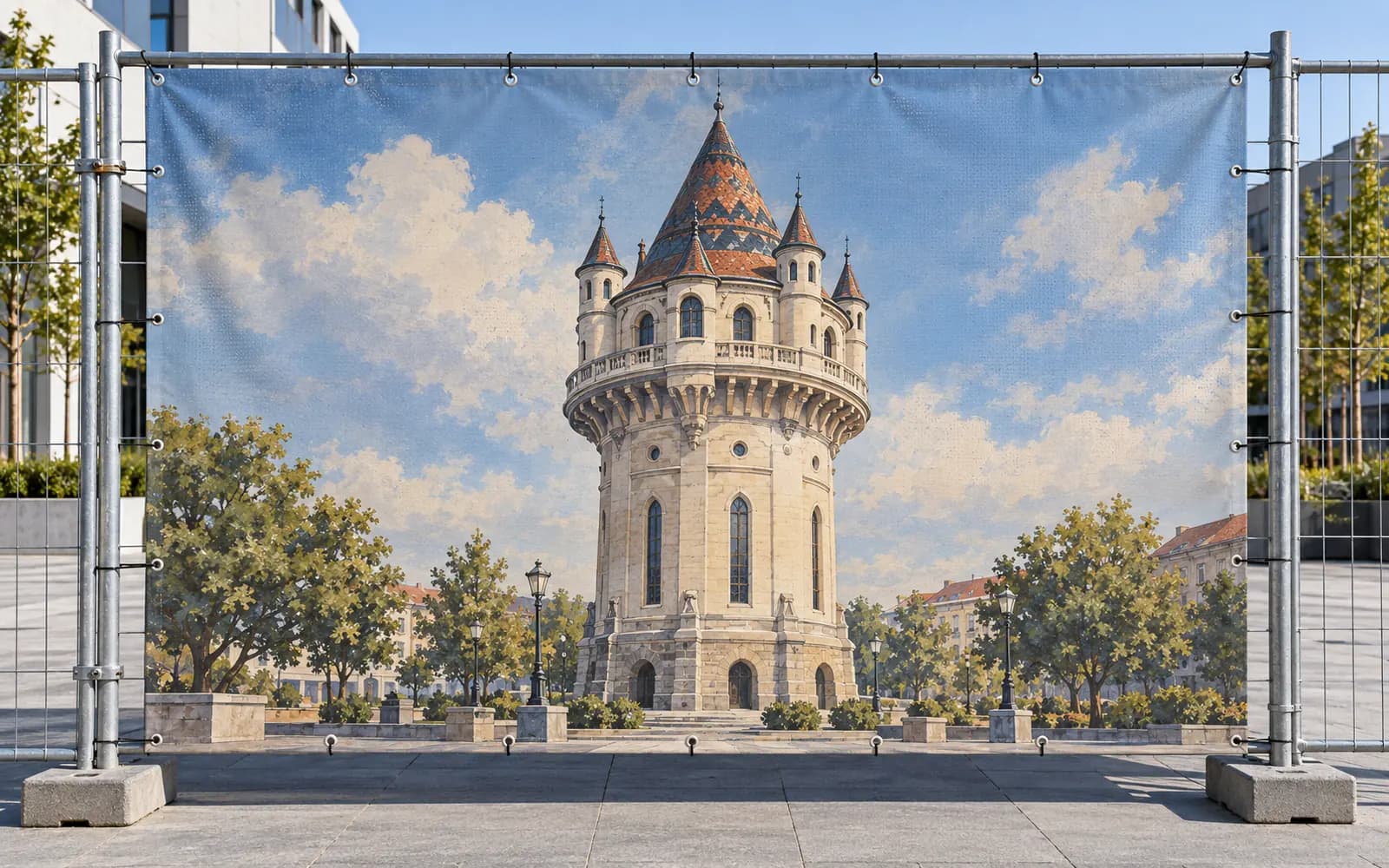 Banner exterior cu ilustrația reperului Castelul de Apă, montat pe un gard.