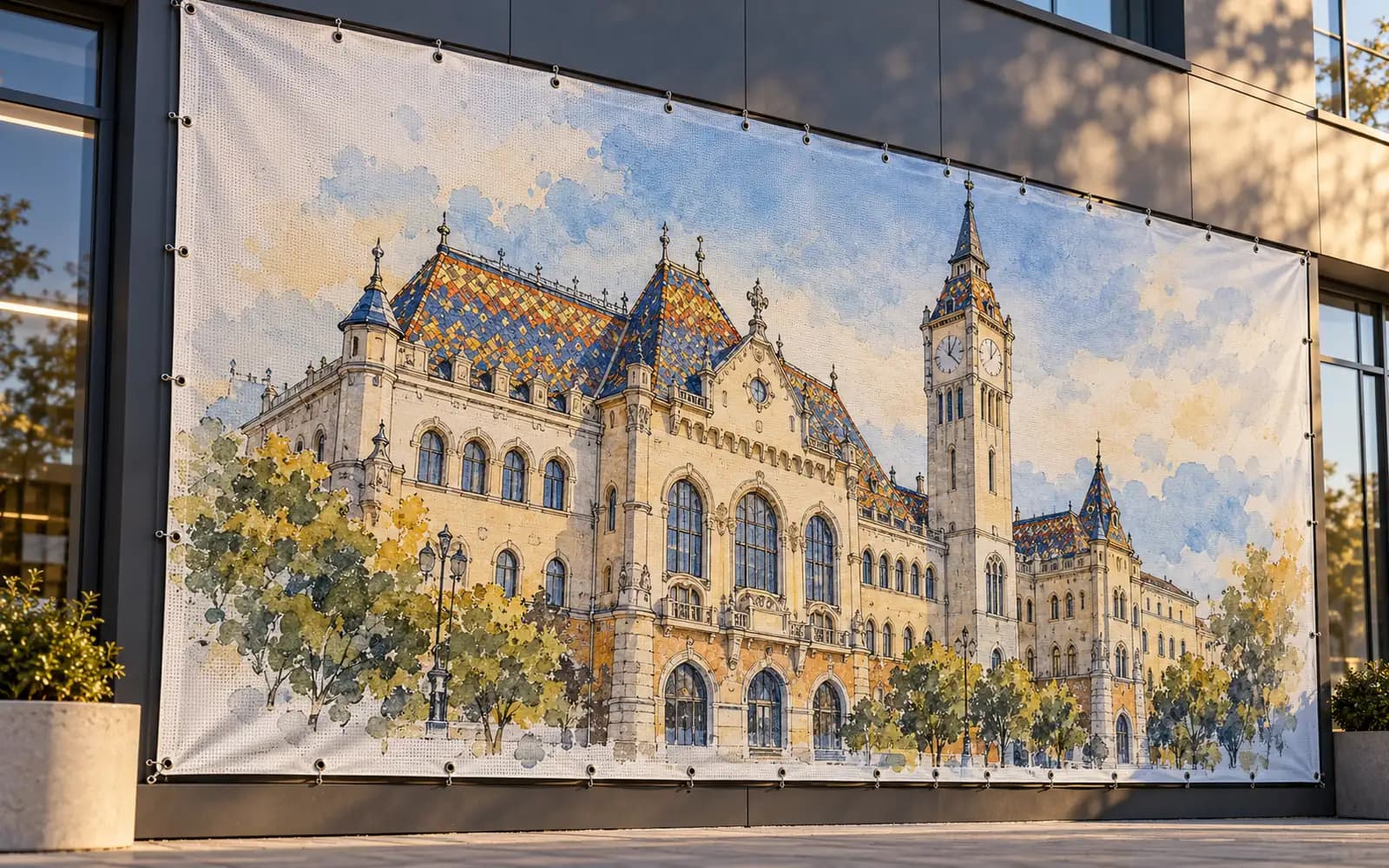 Banner exterior cu ilustrația reperului Palatul Culturii, montat pe o fațadă de magazin.