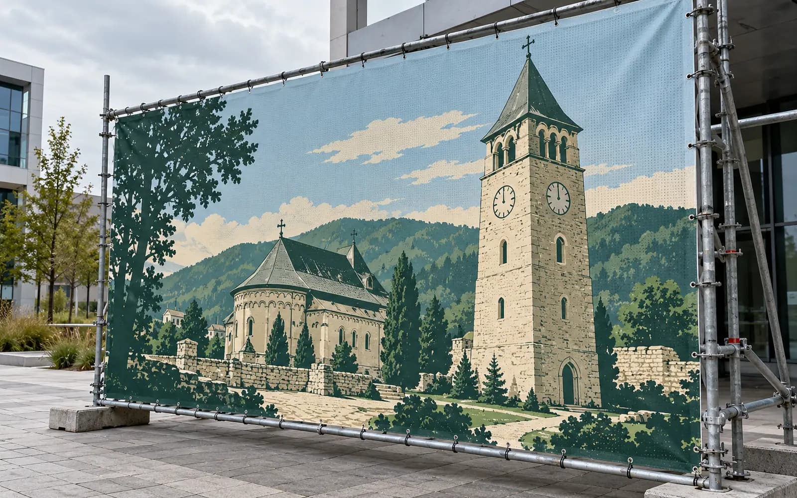 Banner exterior cu ilustrația reperului Turnul lui Ștefan cel Mare, montat pe o schelă.