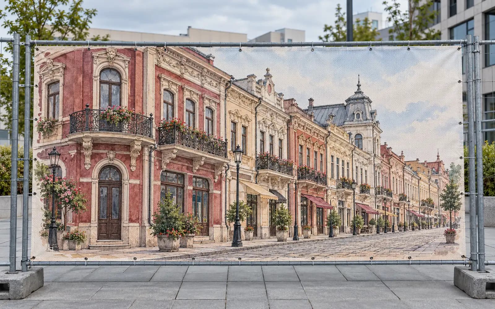 Banner exterior cu ilustrația reperului Centrul Vechi, montat pe un gard.