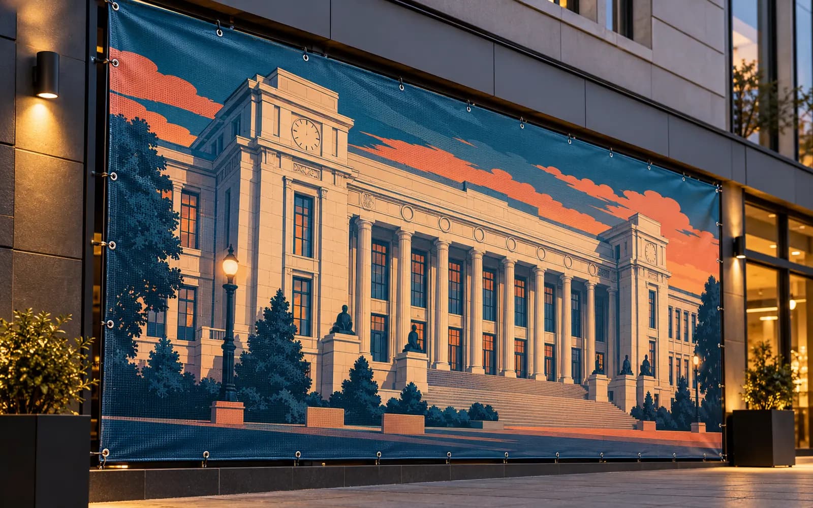 Banner exterior cu ilustrația reperului Palatul Culturii, montat pe o fațadă de magazin.