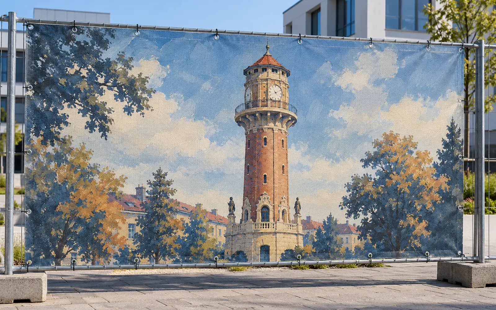 Banner exterior cu ilustrația reperului Turnul Pompierilor, montat pe un gard.