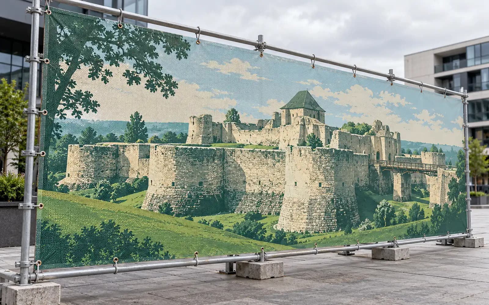 Banner exterior cu ilustrația reperului Cetatea de Scaun, montat pe o schelă.