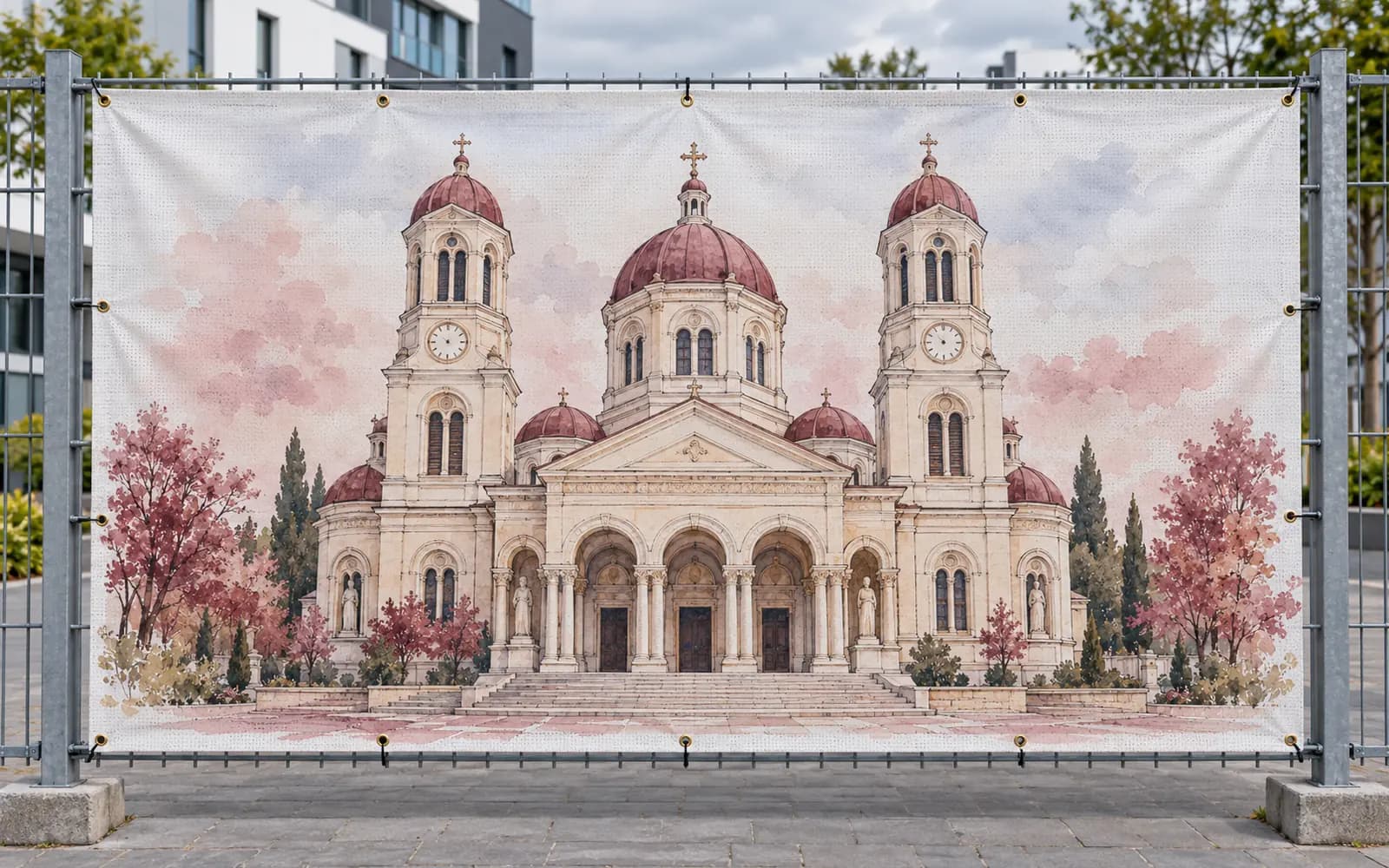 Banner exterior cu ilustrația reperului Catedrala Sfântul Alexandru, montat pe un gard.