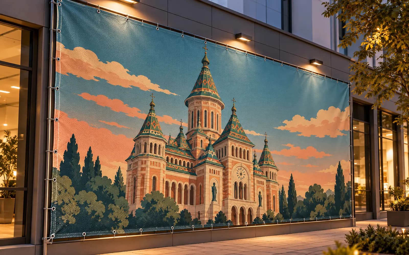 Banner exterior cu ilustrația reperului Catedrala Mitropolitană, montat pe o fațadă de magazin — reper al județului Timiș, livrare în Timișoara