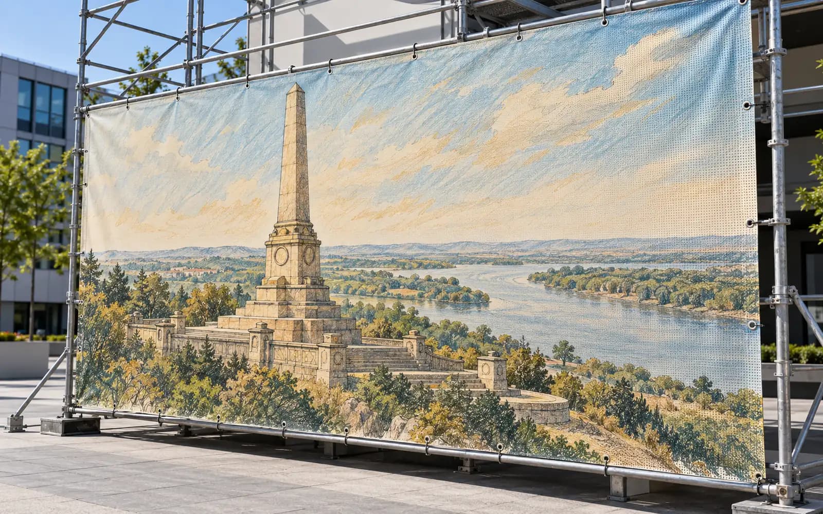 Banner exterior cu ilustrația reperului Monumentul Independenței, montat pe o schelă.