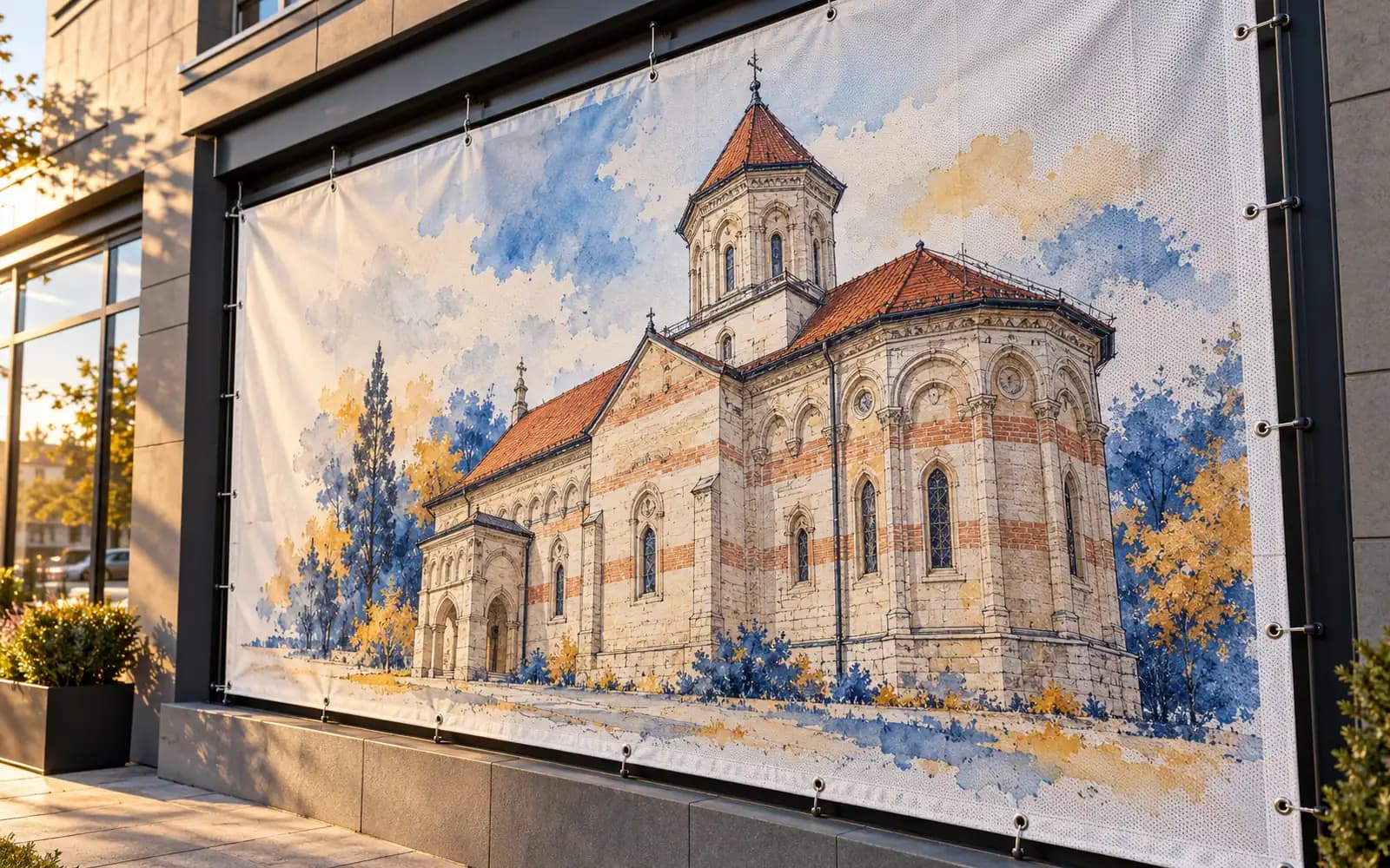 Banner exterior cu ilustrația reperului Biserica Domnească Sfântul Ioan Botezătorul, montat pe o fațadă de magazin.