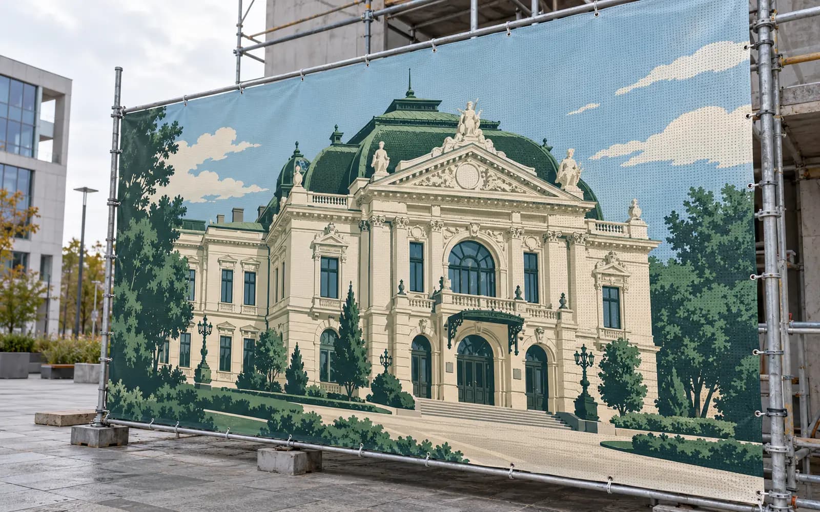Banner exterior cu ilustrația reperului Teatrul Maior Gheorghe Pastia, montat pe o schelă.