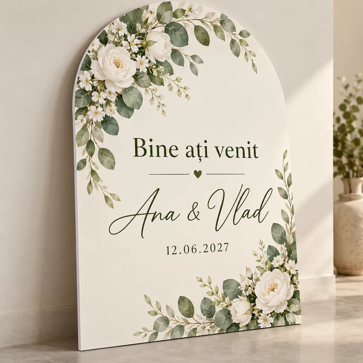 Panou nuntă Bine ați venit cu arcadă botanică