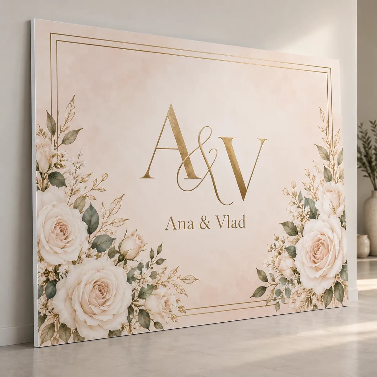 Panou foto nuntă cu monogramă și flori