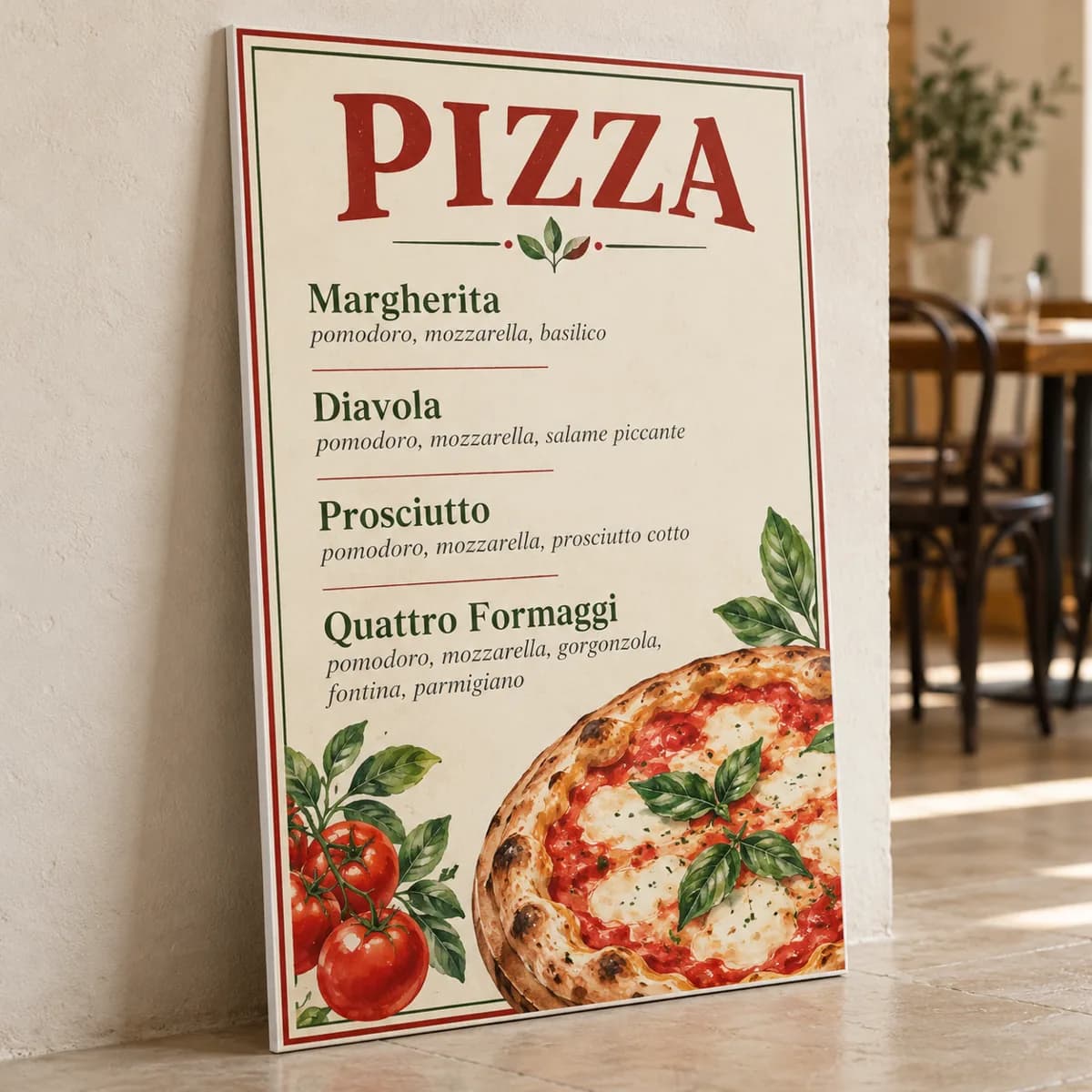 Panou meniu pizzerie pe PVC cu margini drepte