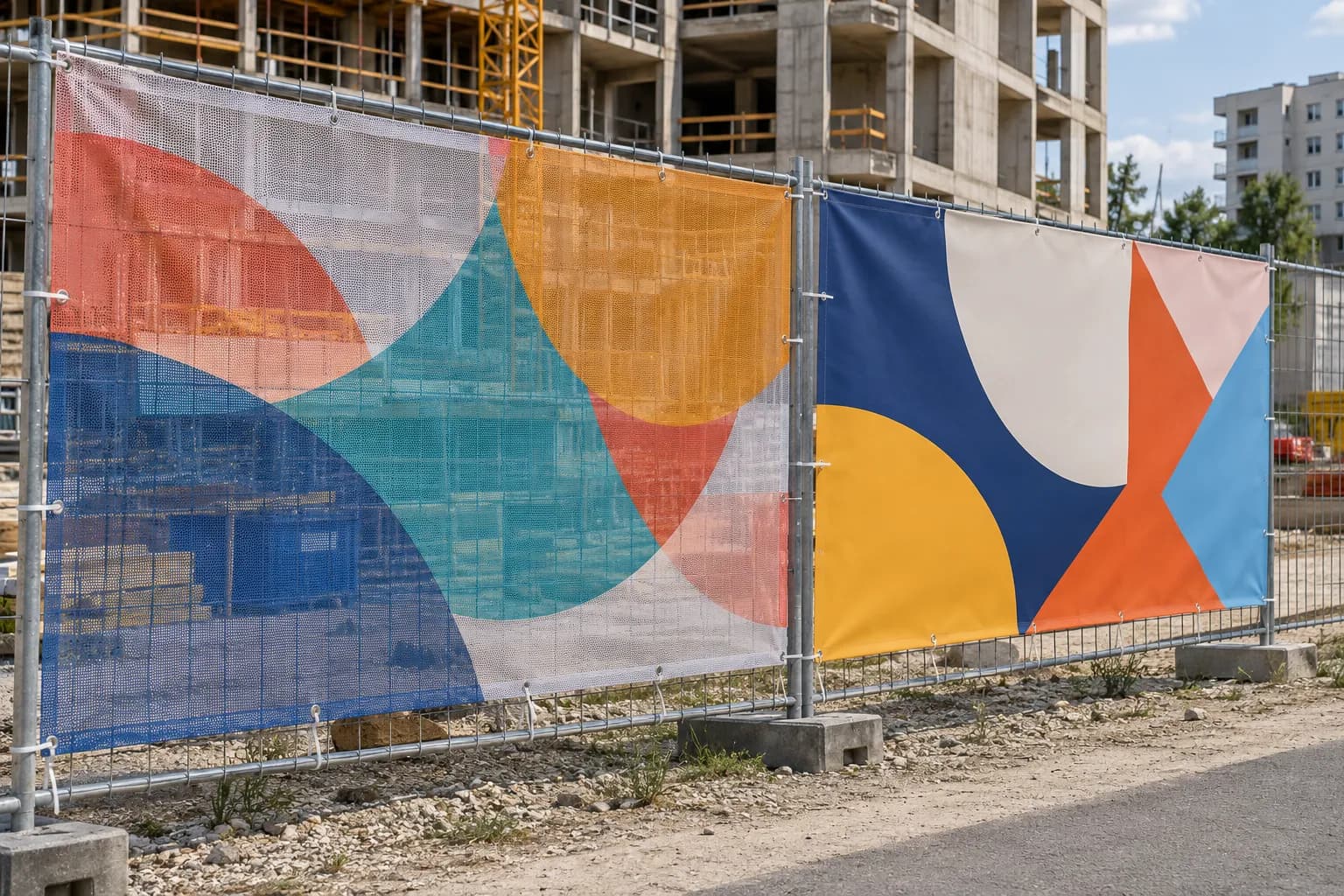 Un banner mesh microperforat și un banner frontlit plin, alăturate pe un gard de șantier, prinse cu coliere