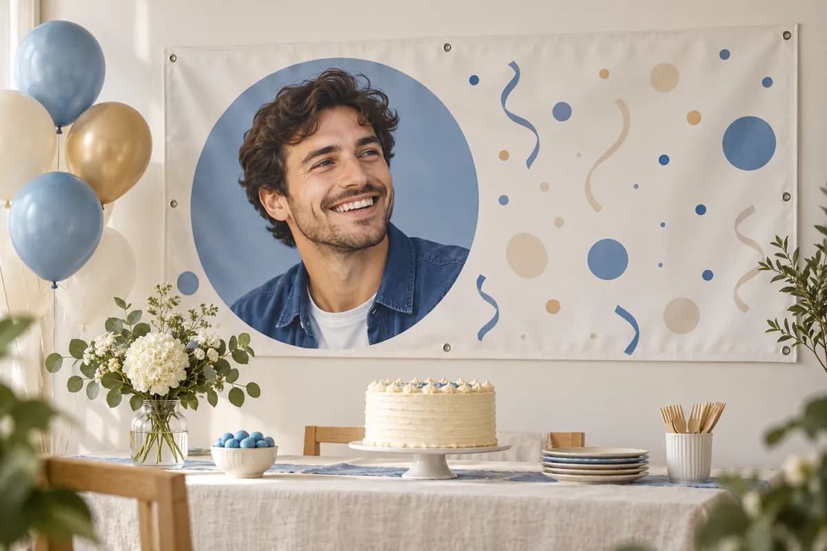 Simulare de banner aniversar cu portret, montat într-un decor de petrecere