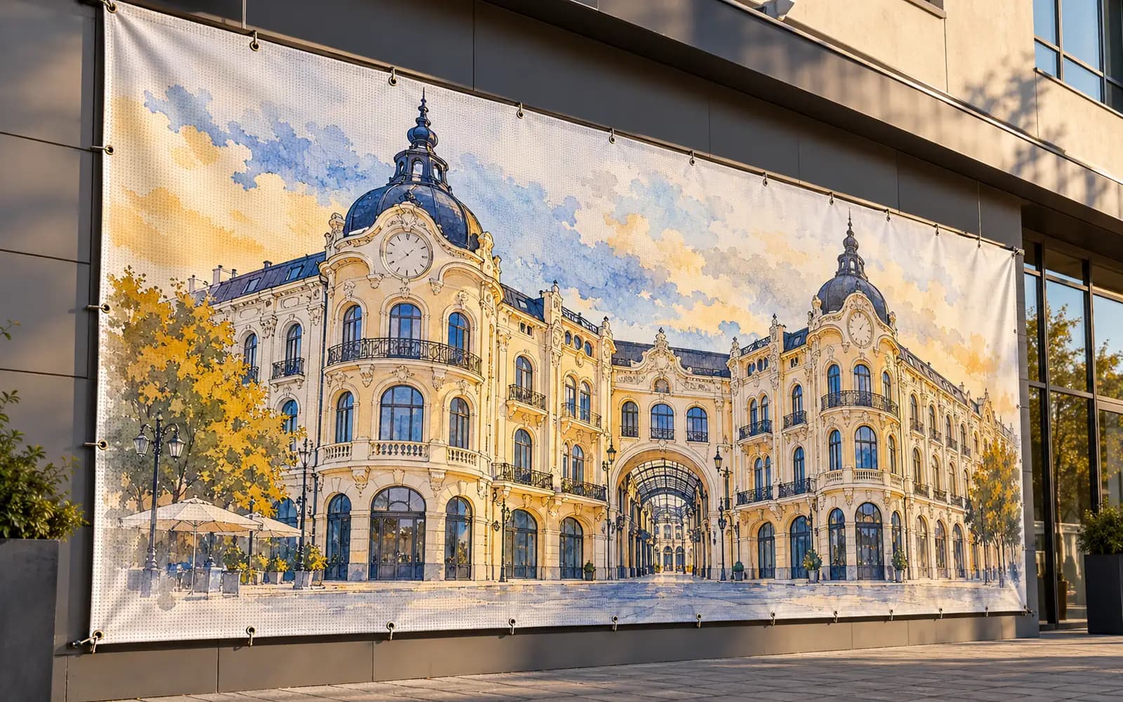 Banner exterior cu ilustrația reperului Palatul Vulturul Negru, montat pe o fațadă de magazin.