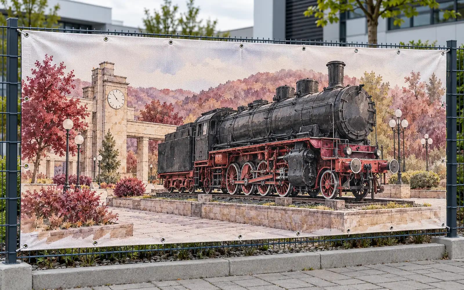 Banner exterior cu ilustrația reperului Muzeul Locomotivelor cu Abur, montat pe un gard — reper al județului Caraș-Severin, livrare în Bocșa