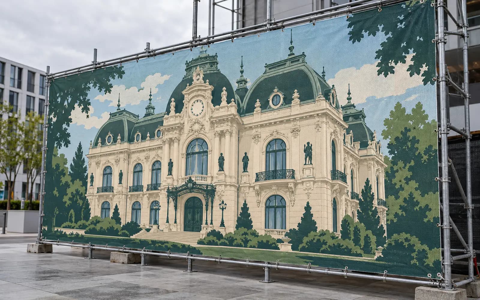 Banner exterior cu ilustrația reperului Palatul Jean Mihail, montat pe o schelă — reper al județului Dolj, livrare în Craiova