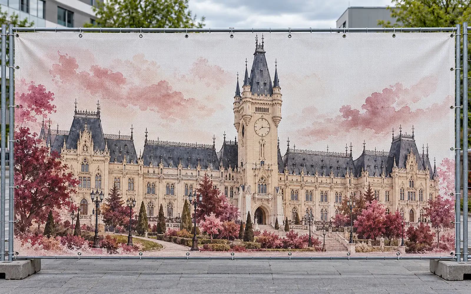 Banner exterior cu ilustrația reperului Palatul Culturii, montat pe un gard — reper al județului Iași, livrare în Iași