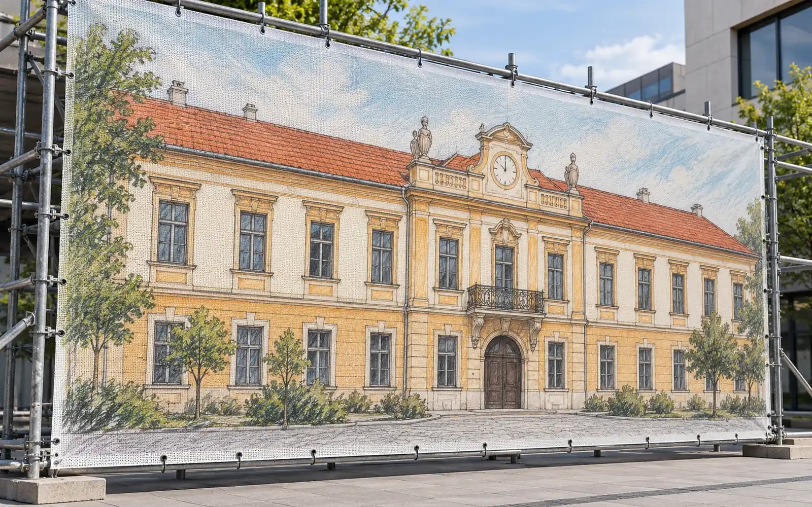 Banner exterior cu ilustrația reperului Clădirea Transilvania, montat pe o schelă.