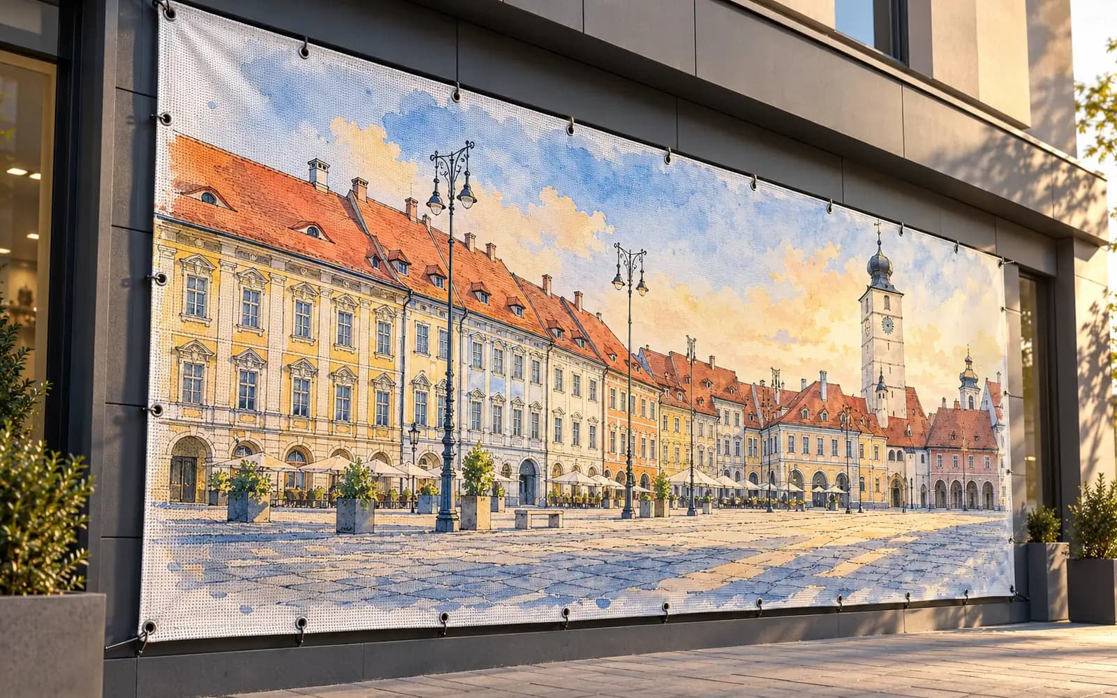 Banner exterior cu ilustrația reperului Piața Mare, montat pe o fațadă de magazin.