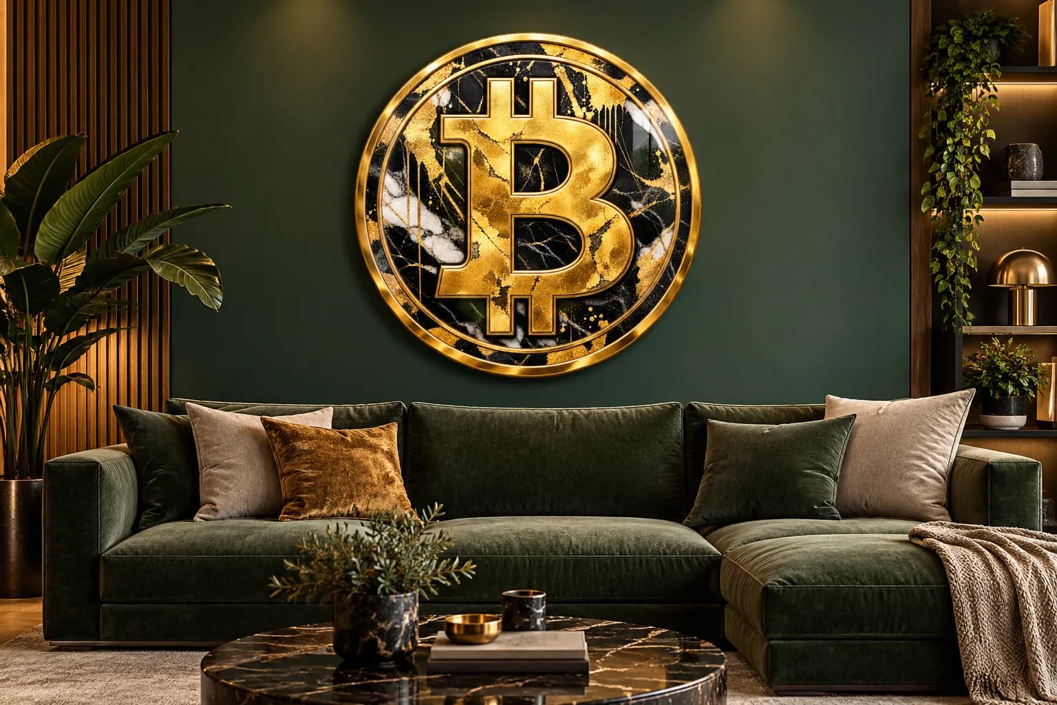 Monedă Bitcoin aurie, tablou din plexiglas pe peretele unui living (simulare)