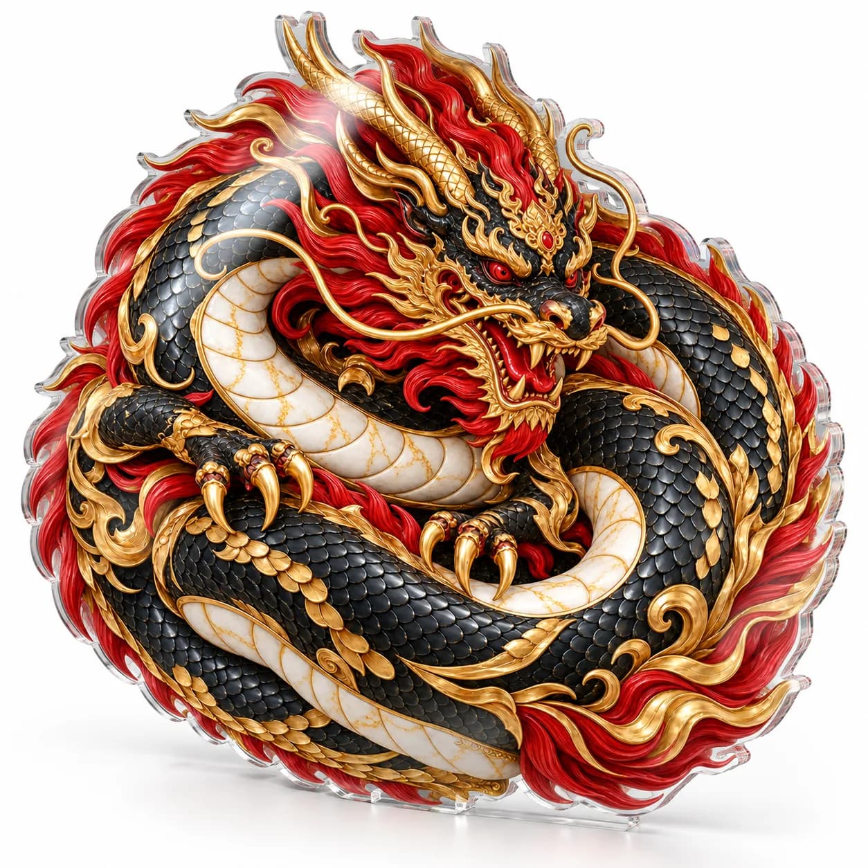 Dragon oriental încolăcit, tablou din plexiglas decupat pe contur (simulare pe fundal alb)