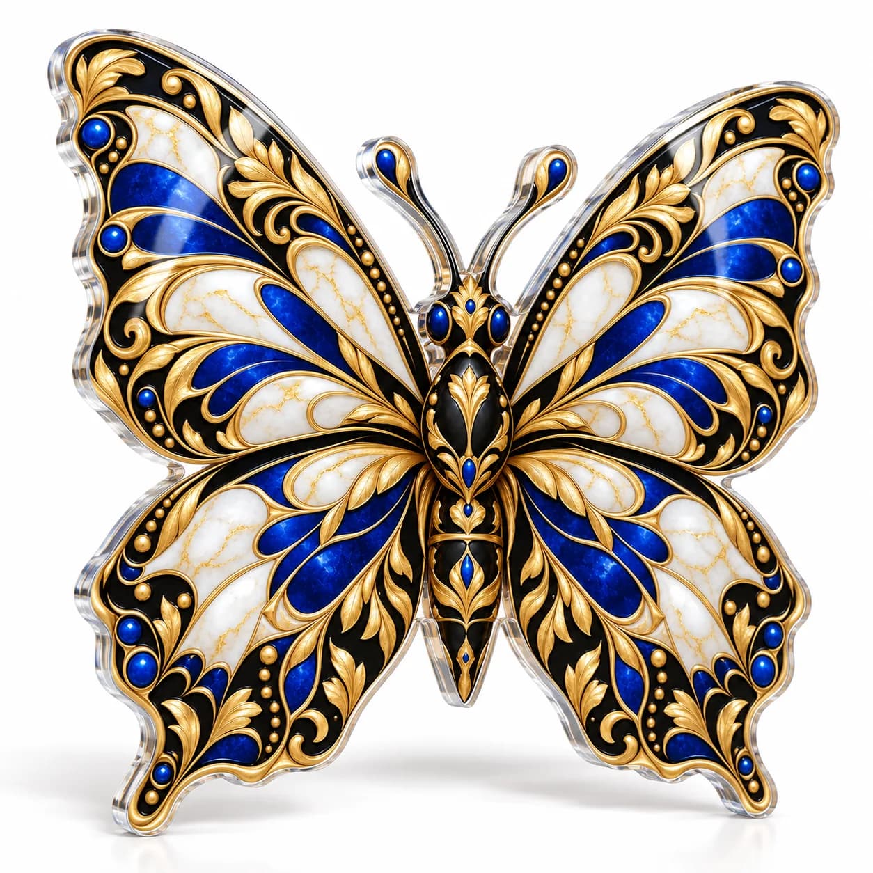 Fluture auriu cu albastru, tablou din plexiglas decupat pe contur (simulare pe fundal alb)