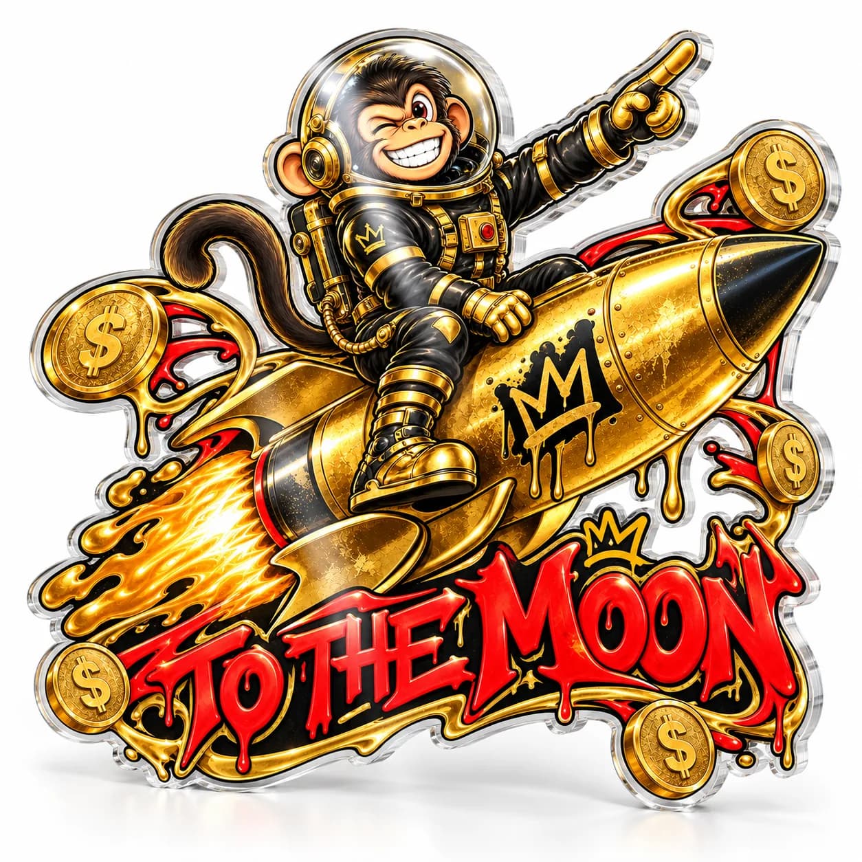 Maimuță pe rachetă „TO THE MOON”, tablou din plexiglas decupat pe contur (simulare pe fundal alb)